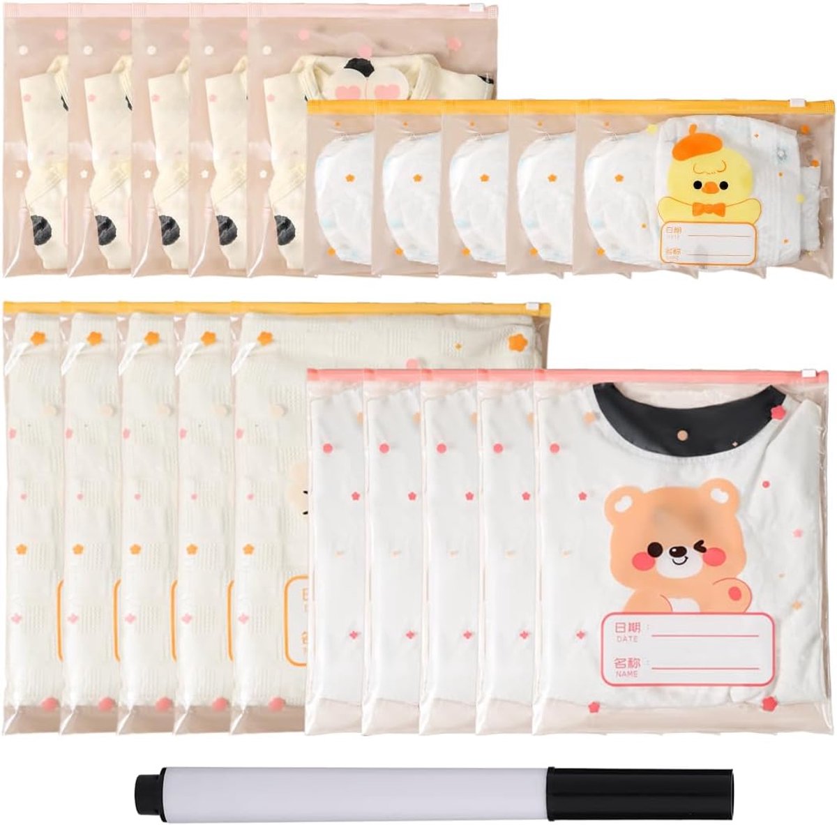 SnelShoppen - Pack van 20 Herbruikbare Baby Opbergzakken met 1 Pen - Nappy Bags voor Baby's - Ideaal voor Ziekenhuis, Nursery en Reizen - 4 Verschille