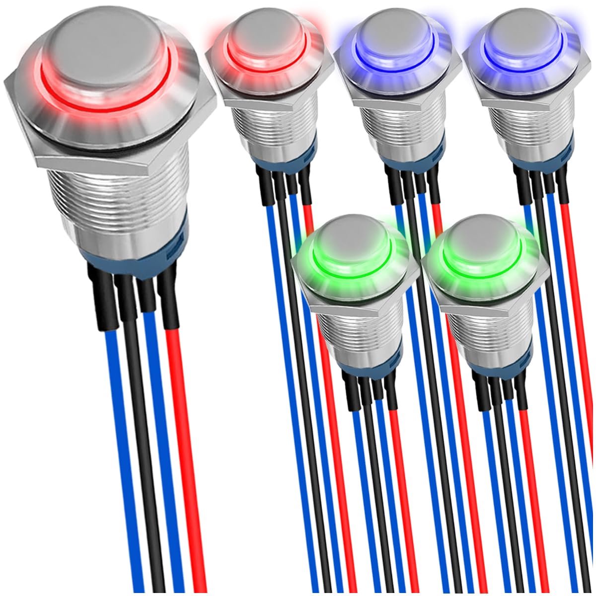 6 st. 12 mm vergrendelende rode/blauw/groene LED-knopschakelaar DC 12V 3A Sliver Shell SPST IP65 waterdichte zelfvergrendelende ronde metalen schakelaar roestvrijstalen knop met voorbedrading