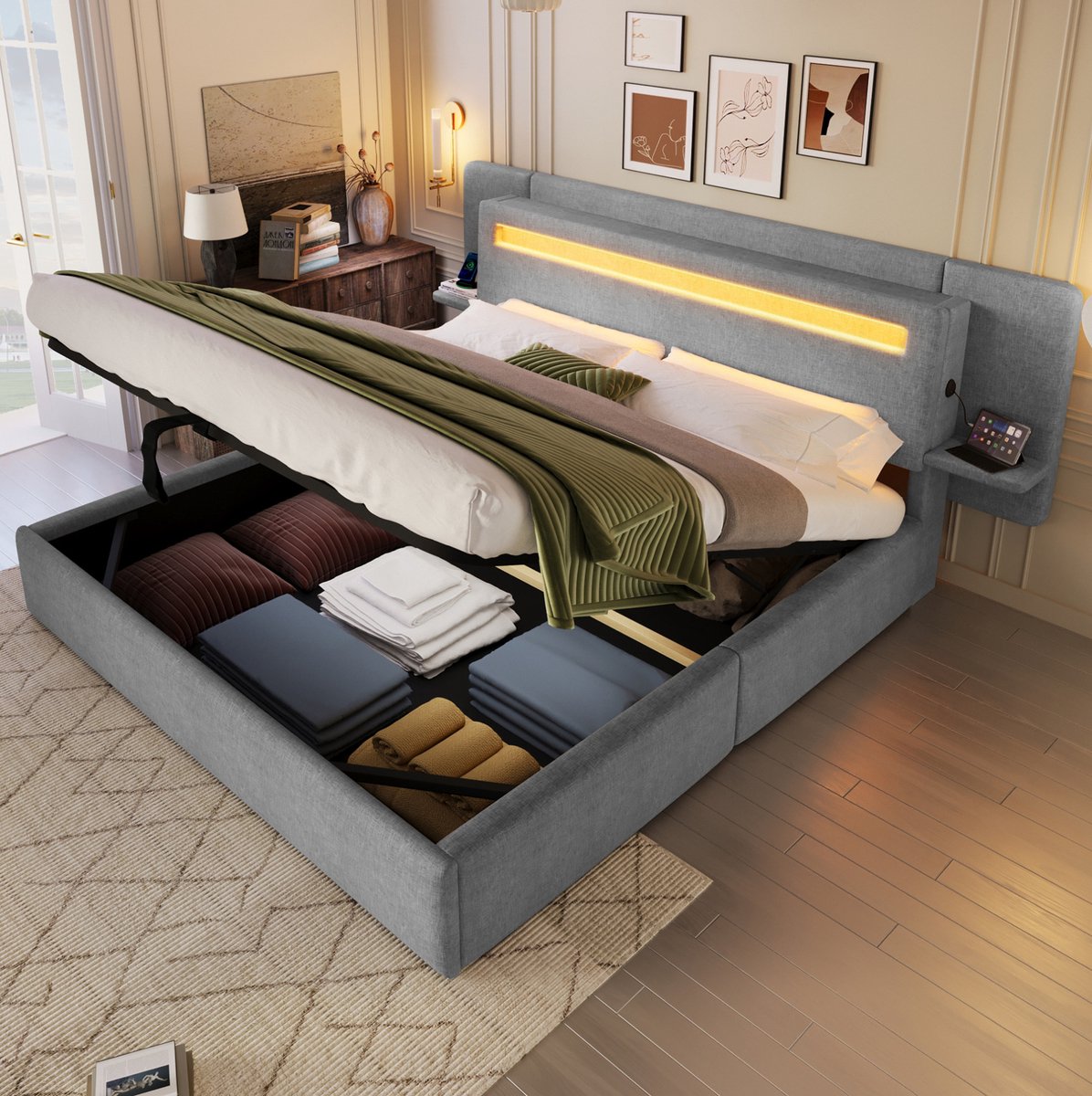 MODENUIT Gestoffeerd Bed – 180 x 200 Cm – Hydraulische Opbergruimte – MDF En Linnen – Grijs – Met Led En Usb