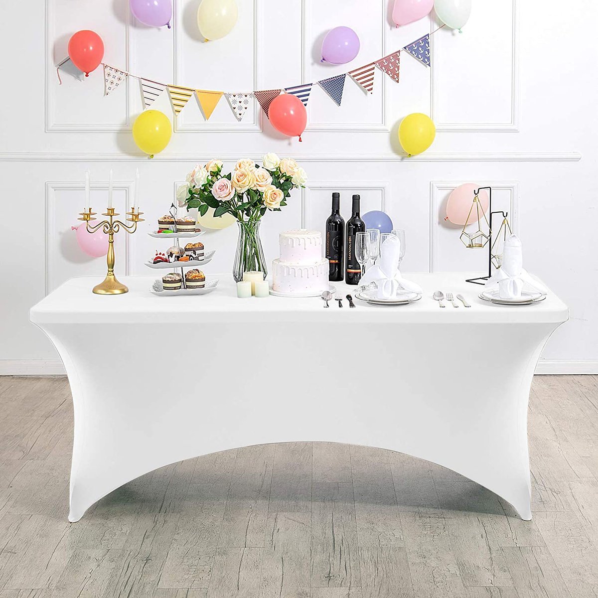 Rechthoekig, rekbaar en vlekbestendig tafelkleed, waterdicht, wasbaar en rekbaar, geschikt voor het decoreren van terrassen, keukens, bruiloften, verjaardagen, feesten, picknicks en andere gelegenheden,Wit - 183 x 76 x 76 cm (6 voet)