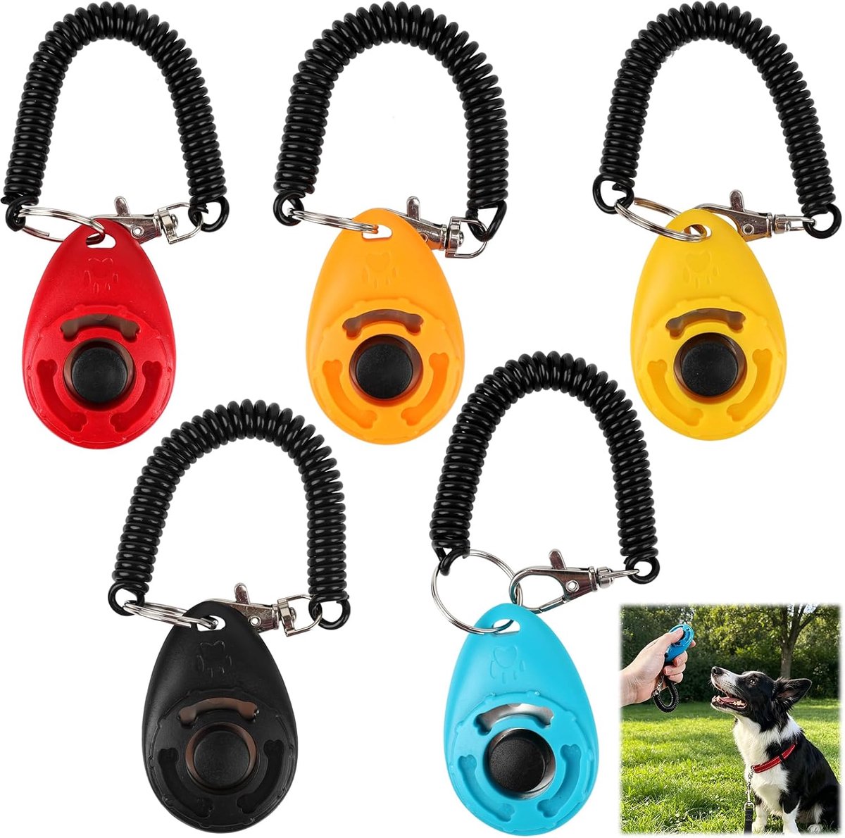 Clickers voor honden met gelaste polsband, veelkleurige trainingsclickers (rood, oranje, geel, blauw, zwart) met grote knop, 6 x 4 x 1,7 cm, voor honden, katten, paarden