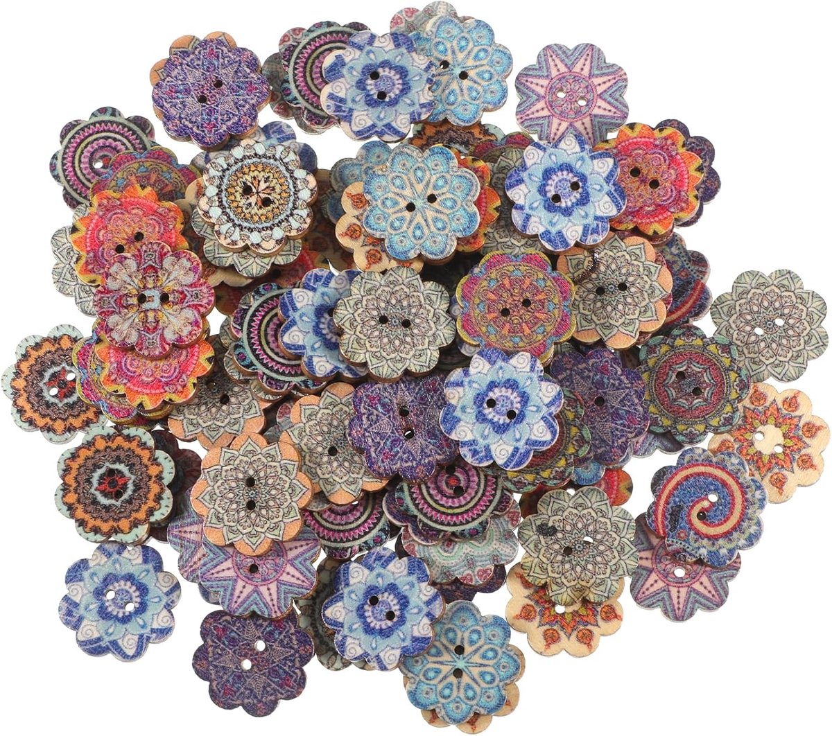 100 stuks vintage houten bloemvormige knoppen, 1,59 inch houten bloem decoratieve knop, 2 gaten antieke houten knoppen, diverse kleuren natuurlijke houten knop voor mannen vrouwen naaien breien