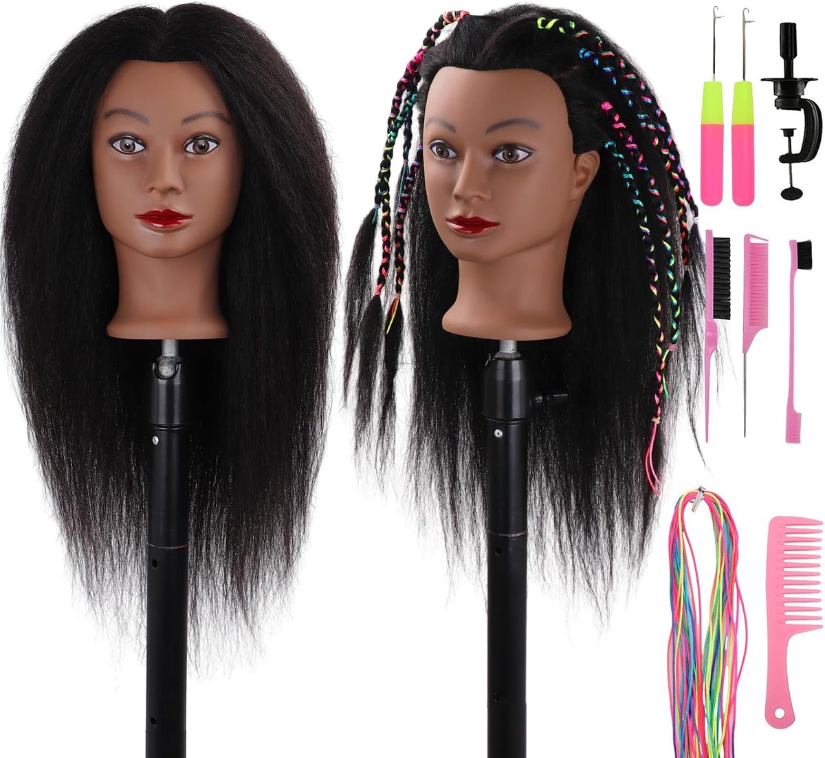 Mannequin Hoofd Afro 100% Echt Menselijk Haar, 45,7 cm Rechte Styling Hoofd Pop voor Meisjes om te Oefenen, Hoofd voor Haarstyling en Oefenset voor Cosmetologie Training en Stylist