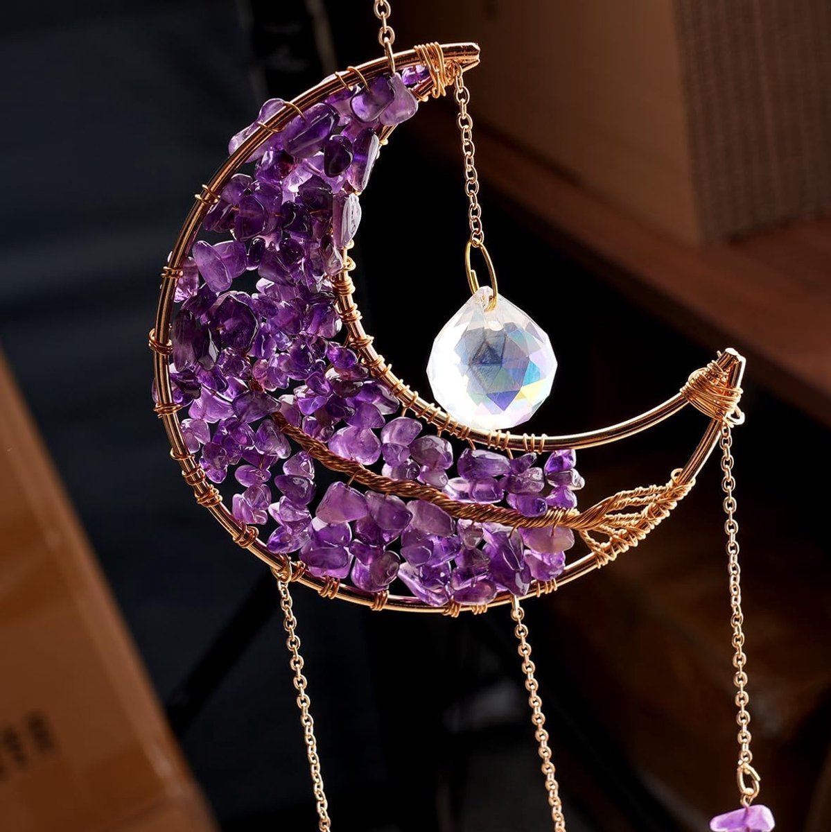 Moon Suncacher-Sun Catchers Indoor Window Prism Moon Crystal Dream Catcher Natuurlijke Genezende Stenen Regenboog Maker Tuin Auto Decoratie Outdoor (Amethys)