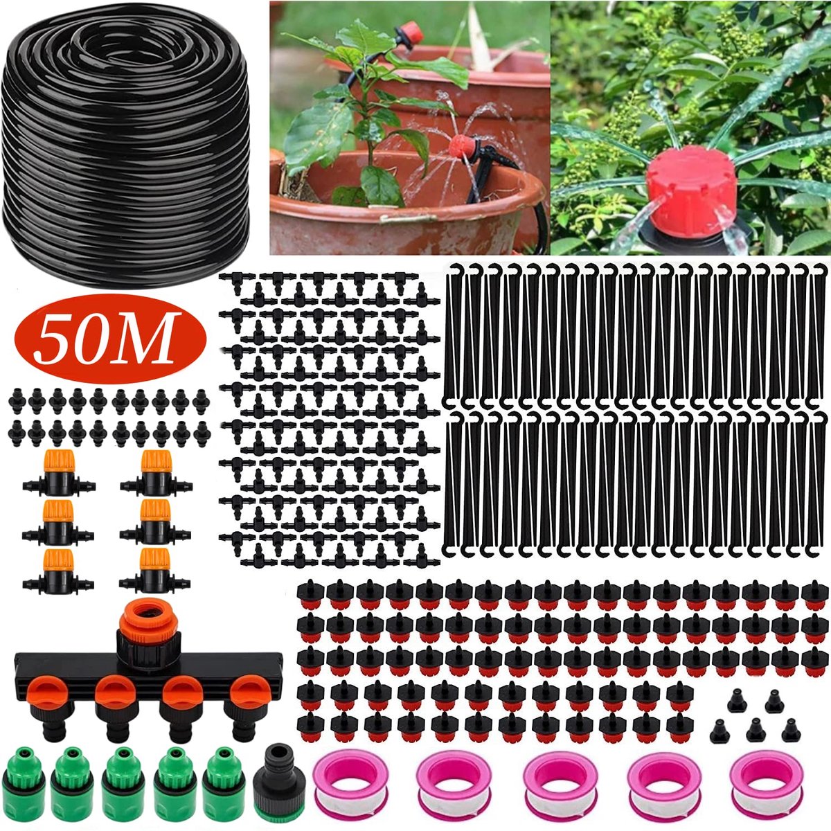 285 stuks irrigatiesysteem voor tuin, 50 m micro-druppelirrigatiekit, DIY micro automatische broeikas, sprinkler, automatische irrigatie sproeier voor planten, tuin, broeikas, bloemen