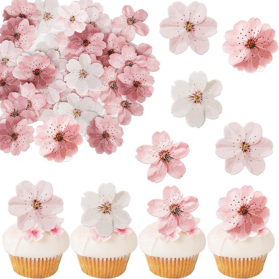 Een assortiment van 40 eetbare bloesem decoraties in roze en wit, met close-ups van individuele bloemen en vier cupcakes versierd met de decoraties.