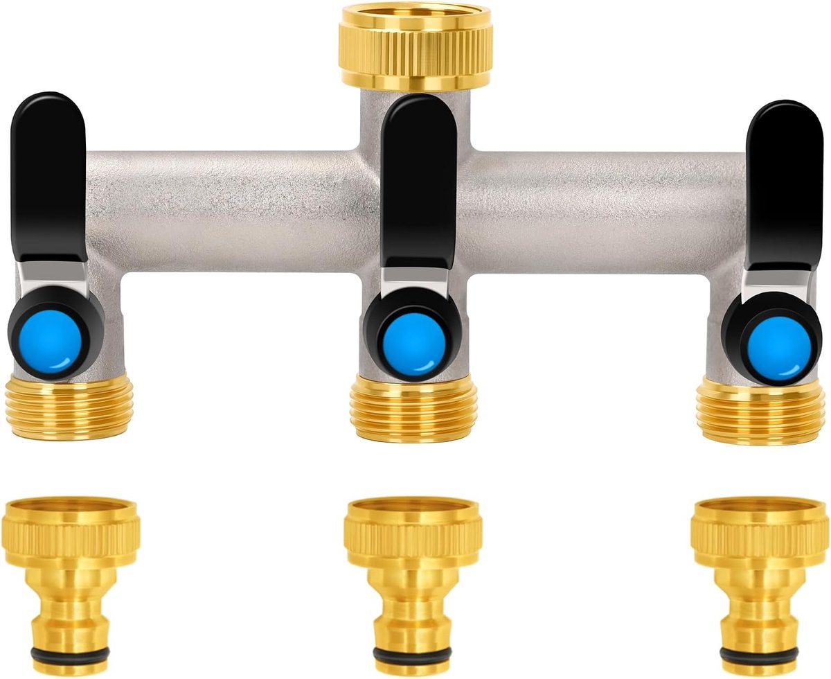3-weg waterverdeler, roestvrij stalen handgreep, 3/4 inch messing wateraansluiting verdeler met individuele afsluitkranen, 3-delige 3/4 inch verdeelopeningen voor apparaten/tuinslangen
