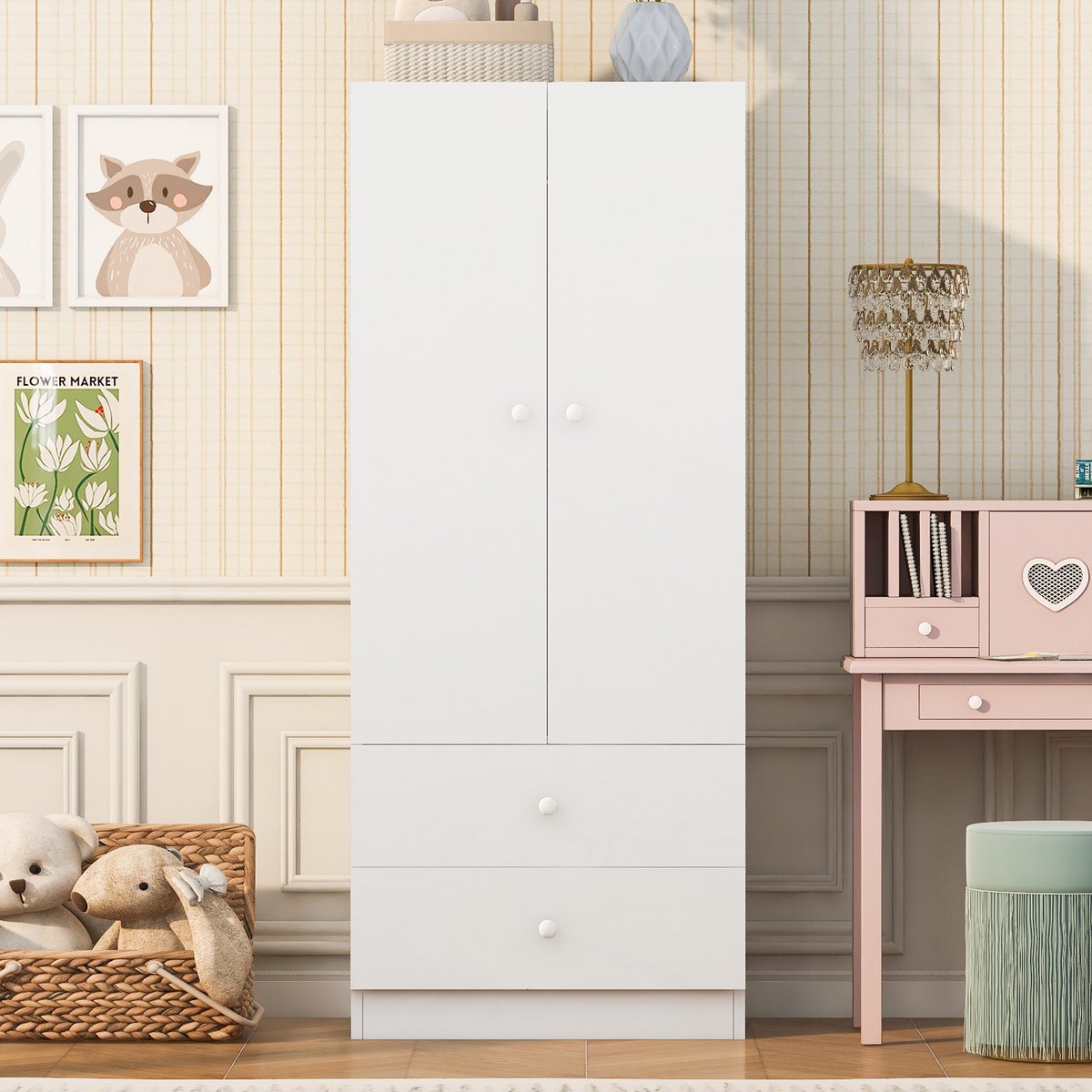 VVBV Kledingkast 70x40x170 cm – Opbergruimte en Lades – Modern Design – Voor Slaapkamer – MDF – Wit