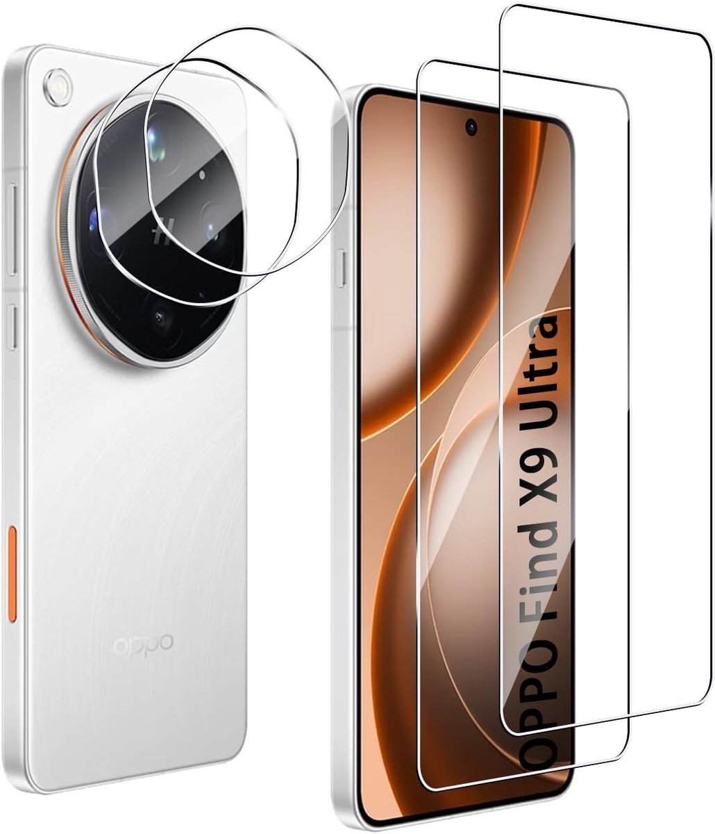 Displaybeschermfolie voor Oppo Find X9 Ultra, 2 stuks gehard glas + 2 cameralensbeschermers, krasbestendig, eenvoudig te installeren, hardheid 9H, gehard glas