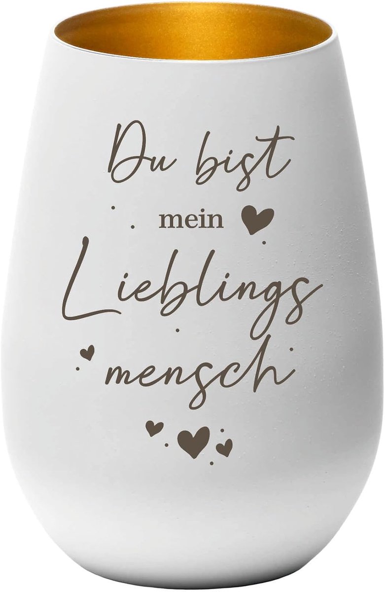 Windlicht met spreuk | Theelichtglas | Cadeau-idee voor familie, vrienden & Herzensmenschen | Decoratie & Kandelaar | 12 x 8,5 cm Pohmer Design | Bergliebe (wit-goud, lievelingsmens)
