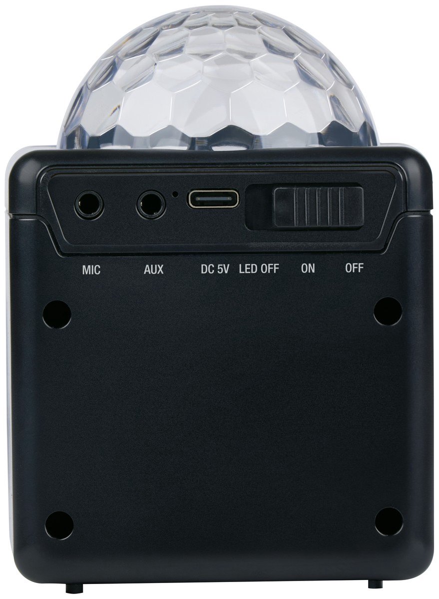 No Brand Bluetooth Speaker met Discobal - RGB Sfeerverlichting - Draadloze Bluetooth Verbinding - 3W Vermogen - Draagbaar en Spatwaterdicht Ontwerp - Afmetingen 8 x 8 x 10,5 cm - Kleur Zwart