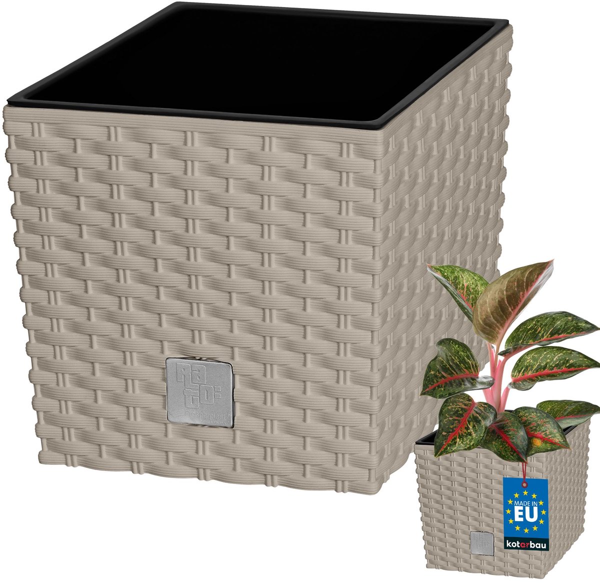 KOTARBAU® Vierkante Bloempot met Inzetpot - Vierkante Plantenbak 20x20 cm Plantenpot 6,8 L - Plantenbak - Kunststof - Rotanlook - Mokka
