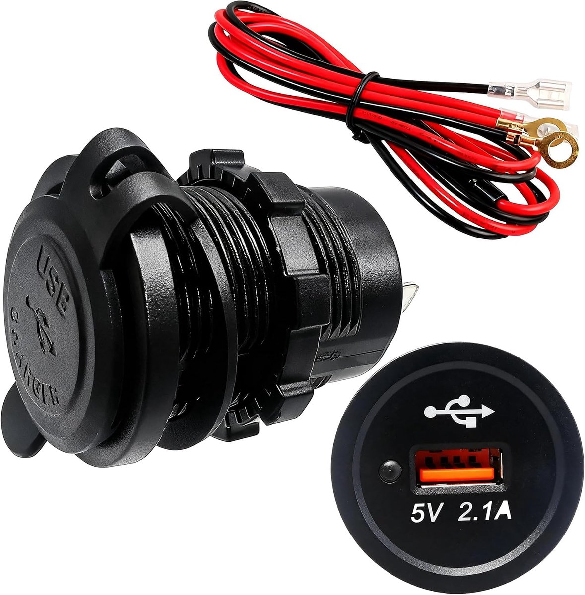 Autolader Stopcontact, Dujelixa 5V/2.1A USB-autolader USB-opladeraansluiting, Waterdicht 12v-stopcontact met blauw led-indicatielampje, 60cm draadzekering voor 12V/24V auto, motorfiets, jacht (1stuks)