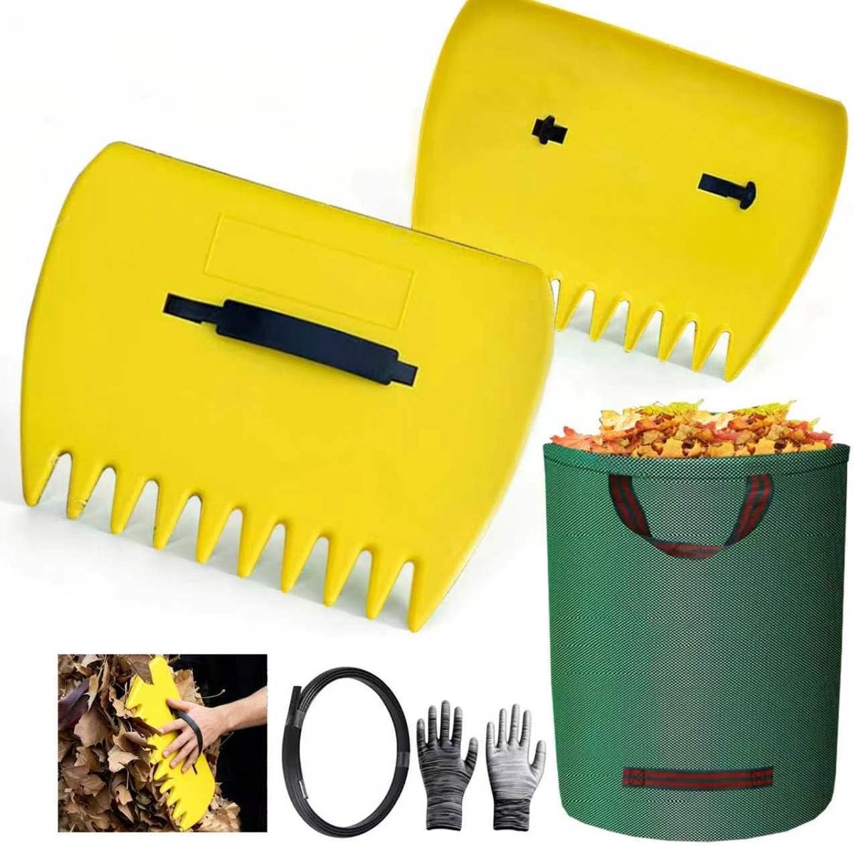 2 stuks bladklauw met 210 L tuintas, Herbruikbare handhark met handschoenen, hark voor bladeren plastic, bladverzamelaar grijpt voor de tuin, verzameling voor bladeren, gras en vuil