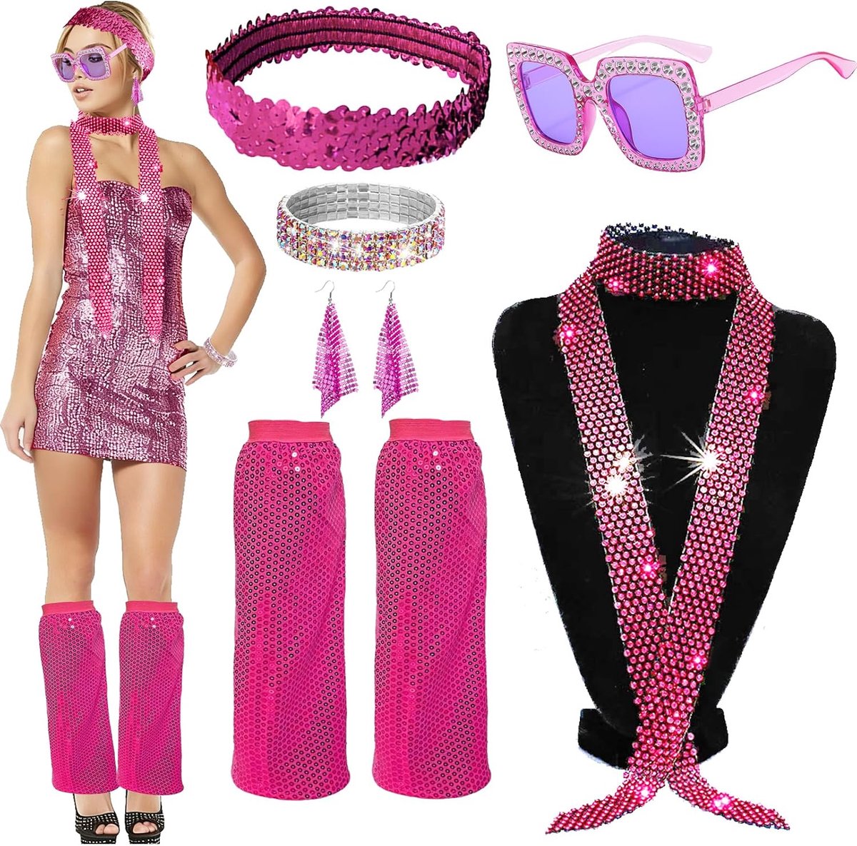 6 stuks jaren 70 disco accessoires, voor dames 70s glitter disco