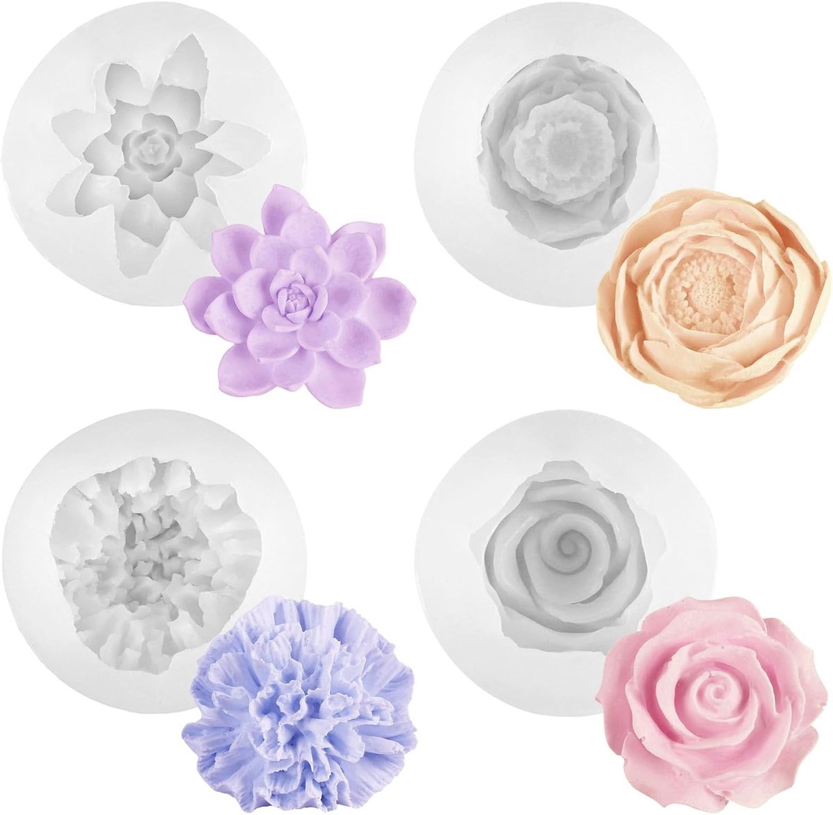 4 stuks siliconen kaarsvormen, 3D bloemen siliconenvorm, roze anjer pioen lotus siliconenvormen gietvormen, siliconen vormen om te gieten DIY kaars, huisdecoratie, taartdecoratie