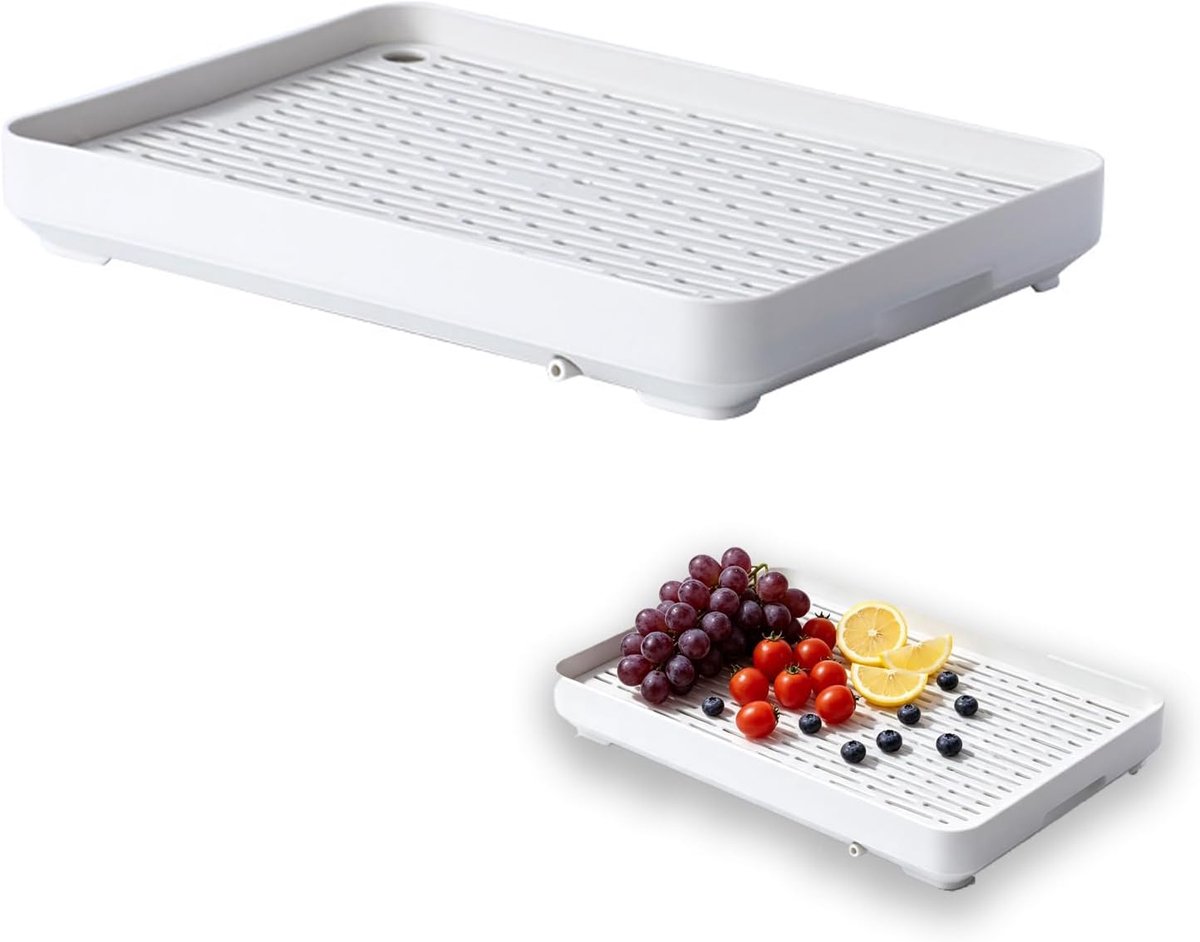 Afdruipbak, PP-materiaal, 31 x 22 cm, afdruiprek voor servies, fruit en kopjes, dubbelwandige afdruipmat met afvoeropening voor keuken en badkamer (wit)