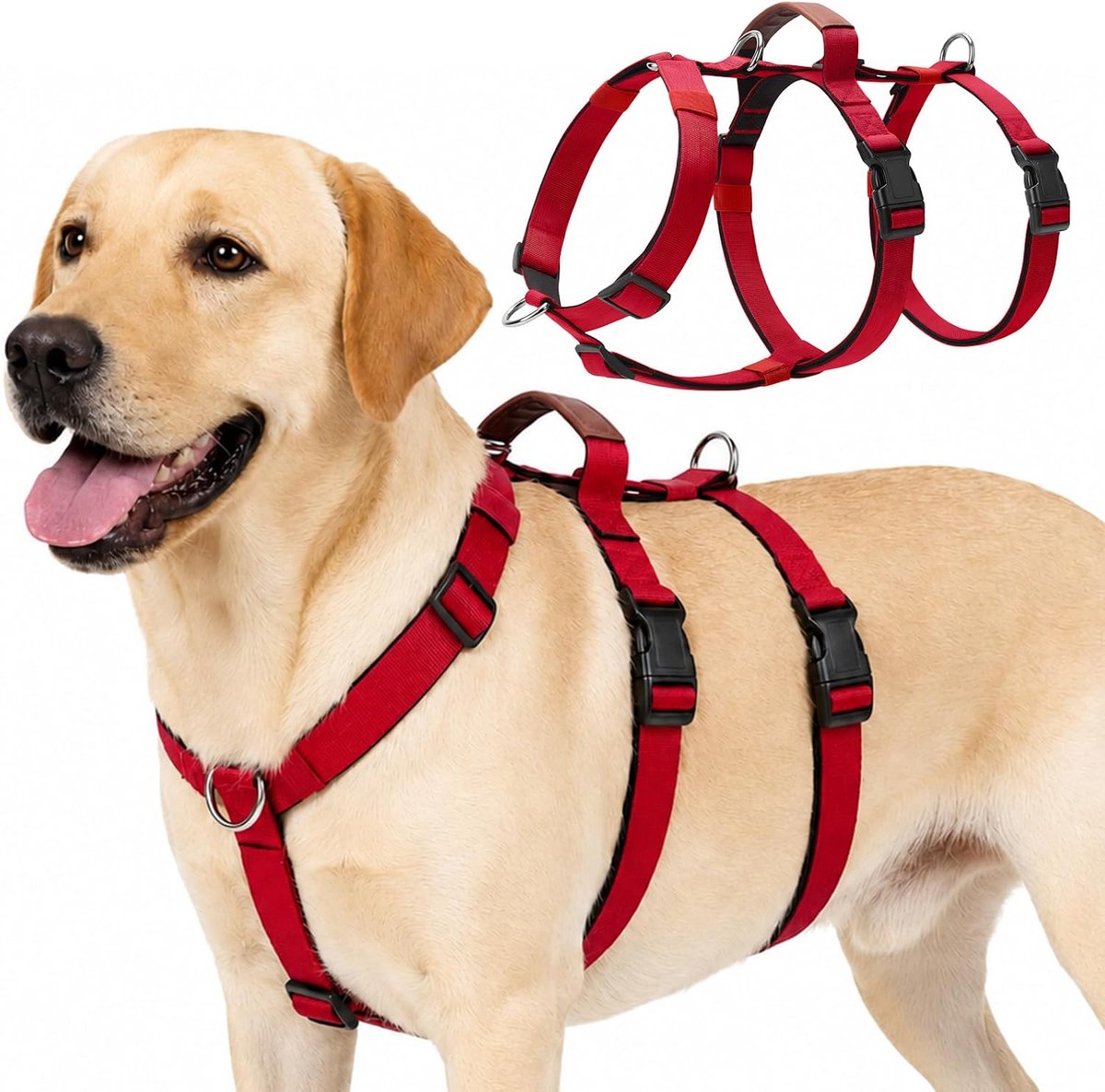 Veiligheidsharnas voor honden, ontsnappingsbestendig, anti-trekharnas, paniekharnas voor honden, verstelbaar borstharnas met gevoerde handgreep, voor middelgrote en grote honden (rood, L)