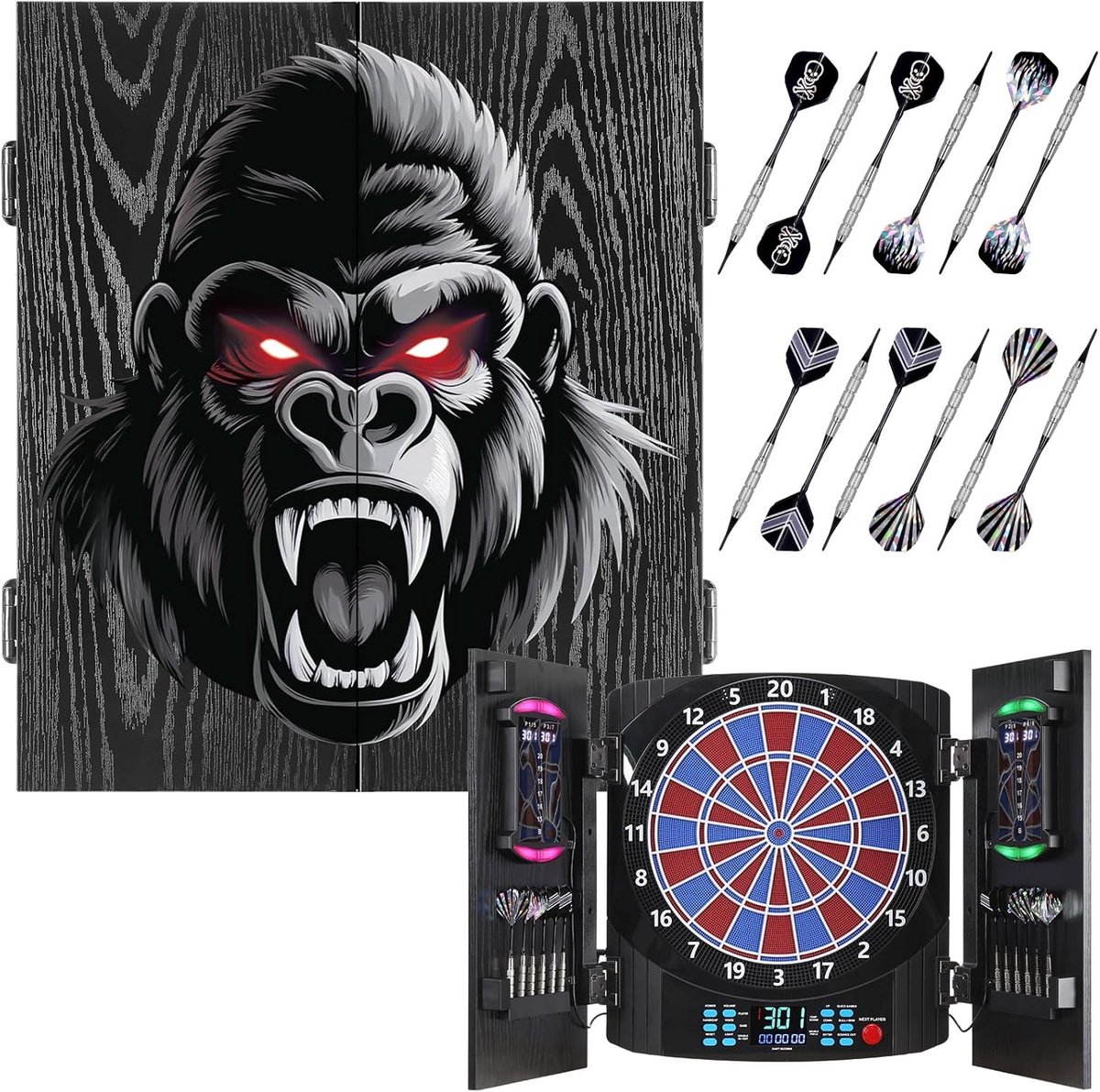 Elektronisch, decoratief elektronisch dartbord kast [12 brons soft-tip pijlen], eigen lichtkleur voor elke speler, professionele e-dartschijf - 9881 Gorilla