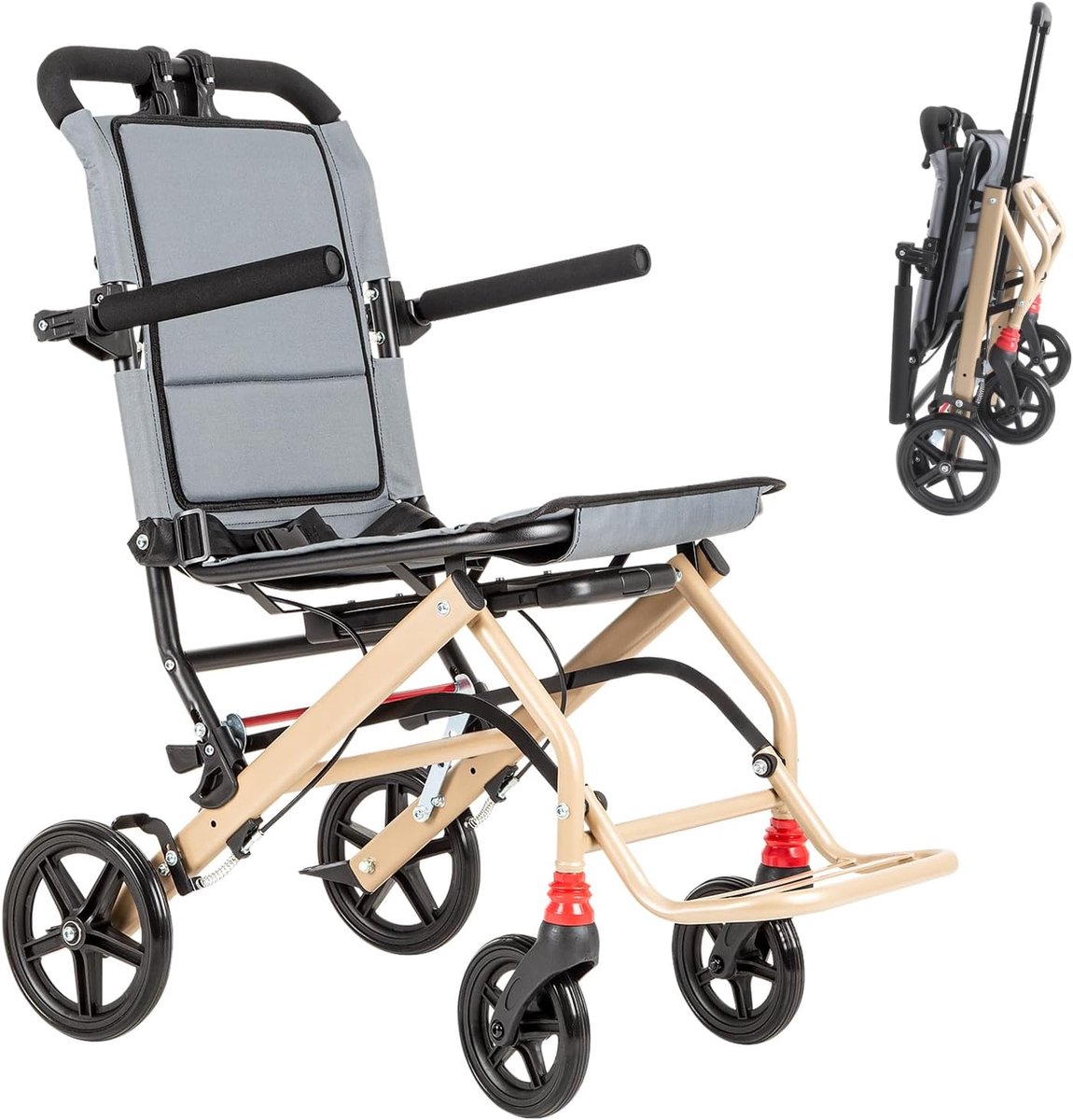 Reisrolstoel, opvouwbaar en lichtgewicht (8,7 kg), zitbreedte 41 cm, met uitschuifbare trekstang, aluminium rolstoel, compact voor vliegtuig, trein en auto, tot 100 kg (CP-9209)