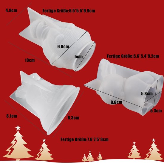3 stuks 3D siliconen vormen Kerstmis, siliconen vorm kerstkaarsenset, siliconen vorm 3D sneeuwpop, hert, bel, kerstkaarsenbekers vormen voor het maken van kandelaars — afbeelding 2