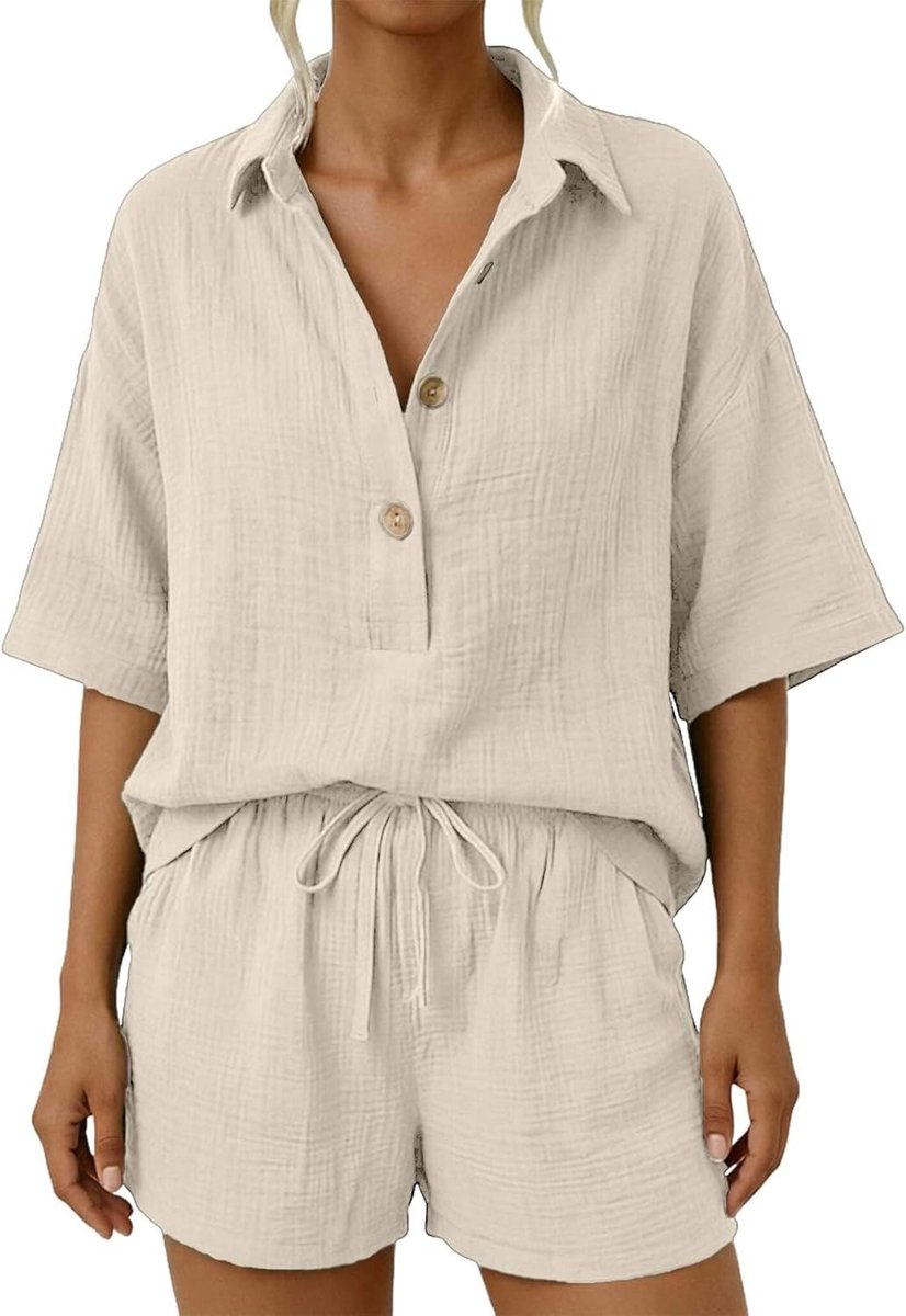2-delige set voor dames, kort overhemd met kraag en shorts, casual outfit van gekreukte stof met trekkoord, voor zomer, vakantie