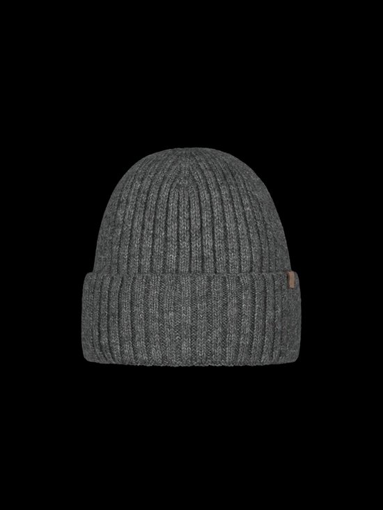 Grijze gebreide Barts muts met ribbelpatroon en bruin label.