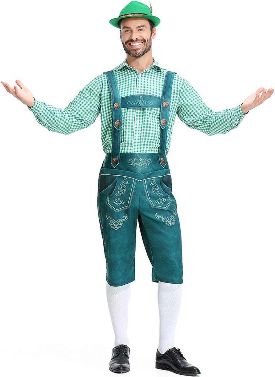 Oktoberfestkostuum voor heren, bierfestivalkostuum, geruit overhemd, bretels, tuinbroek, zomerfeest