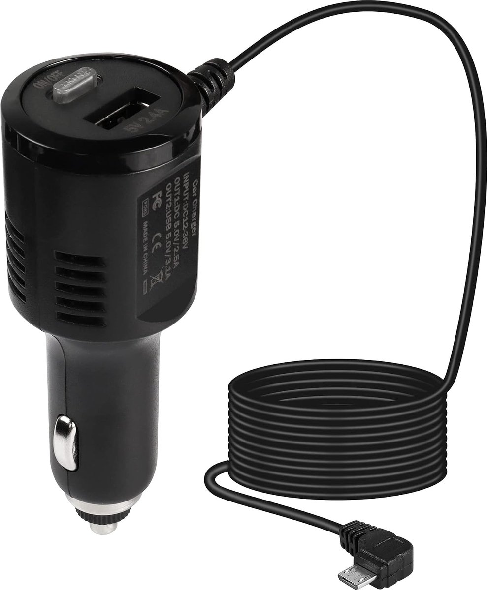 USB Dash Cam Autolader Power Lead 12 v naar 5 v Quick Charger met USB Oplader en Schakelaar Knop Voor Dash Cam GPS Navigatie DVR (Rechte hoek Micro USB) - 3.5M/11.5FT