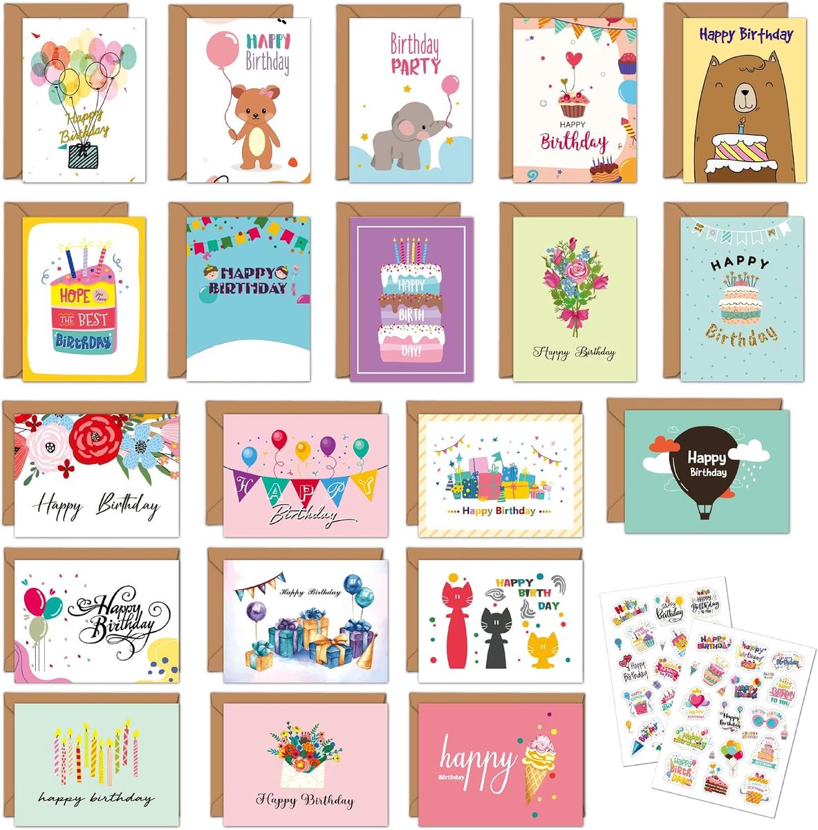 20 verjaardagskaarten multipack, 20 stuks verjaardagskaarten voor volwassenen of kinderen. Verschillende verjaardagsstickers en kraftpapier enveloppen