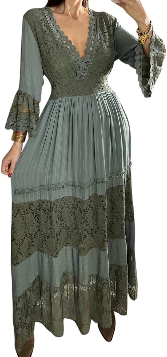 Kanten maxi-jurk voor dames, V-hals, klokmouwen, saliegroen, geplooid