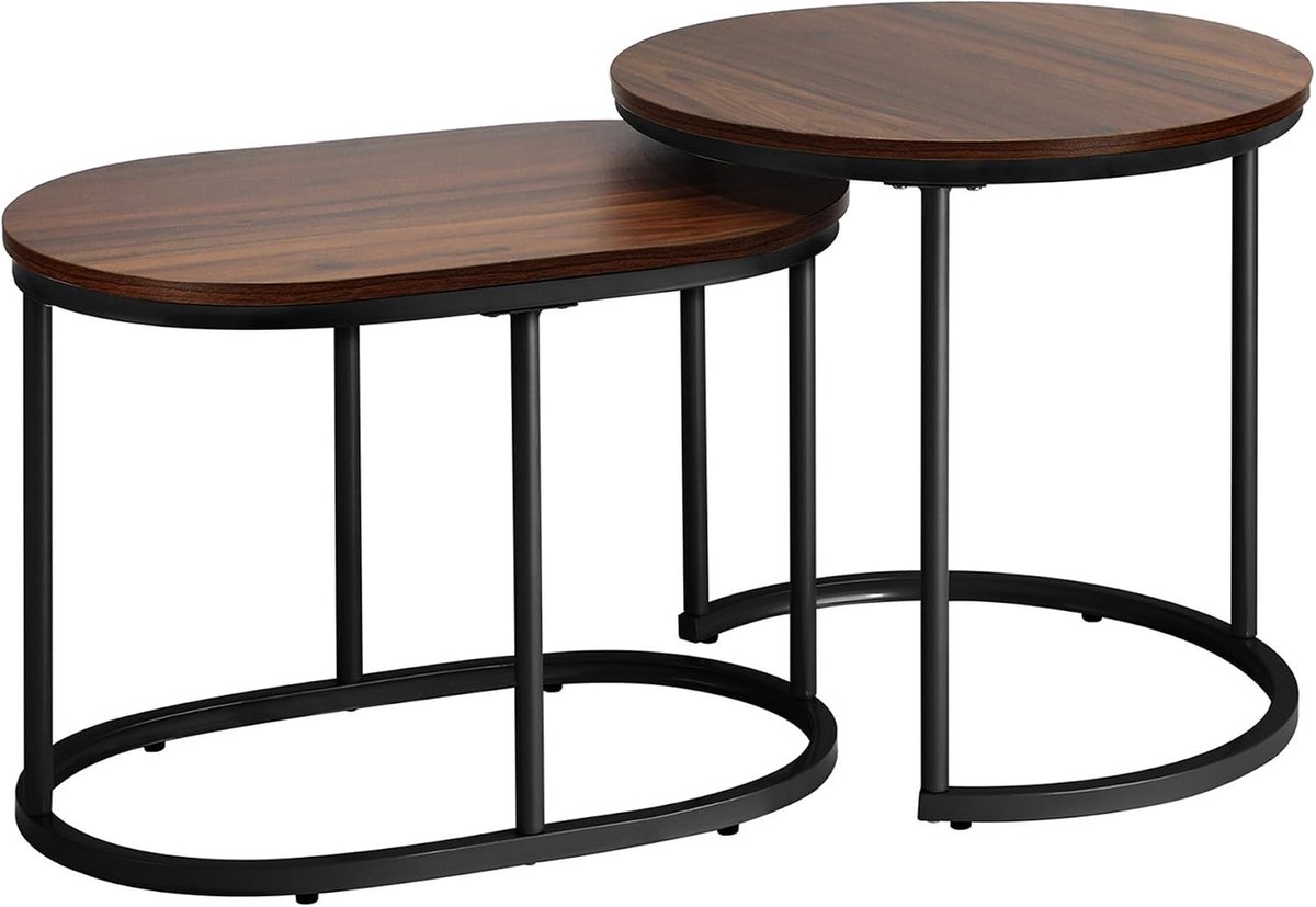Set van 2, rond, industrieel design, bijzettafelset voor woonkamer, metalen frame met houtlook, donkerbruin en zwart (houtlook zwart)
