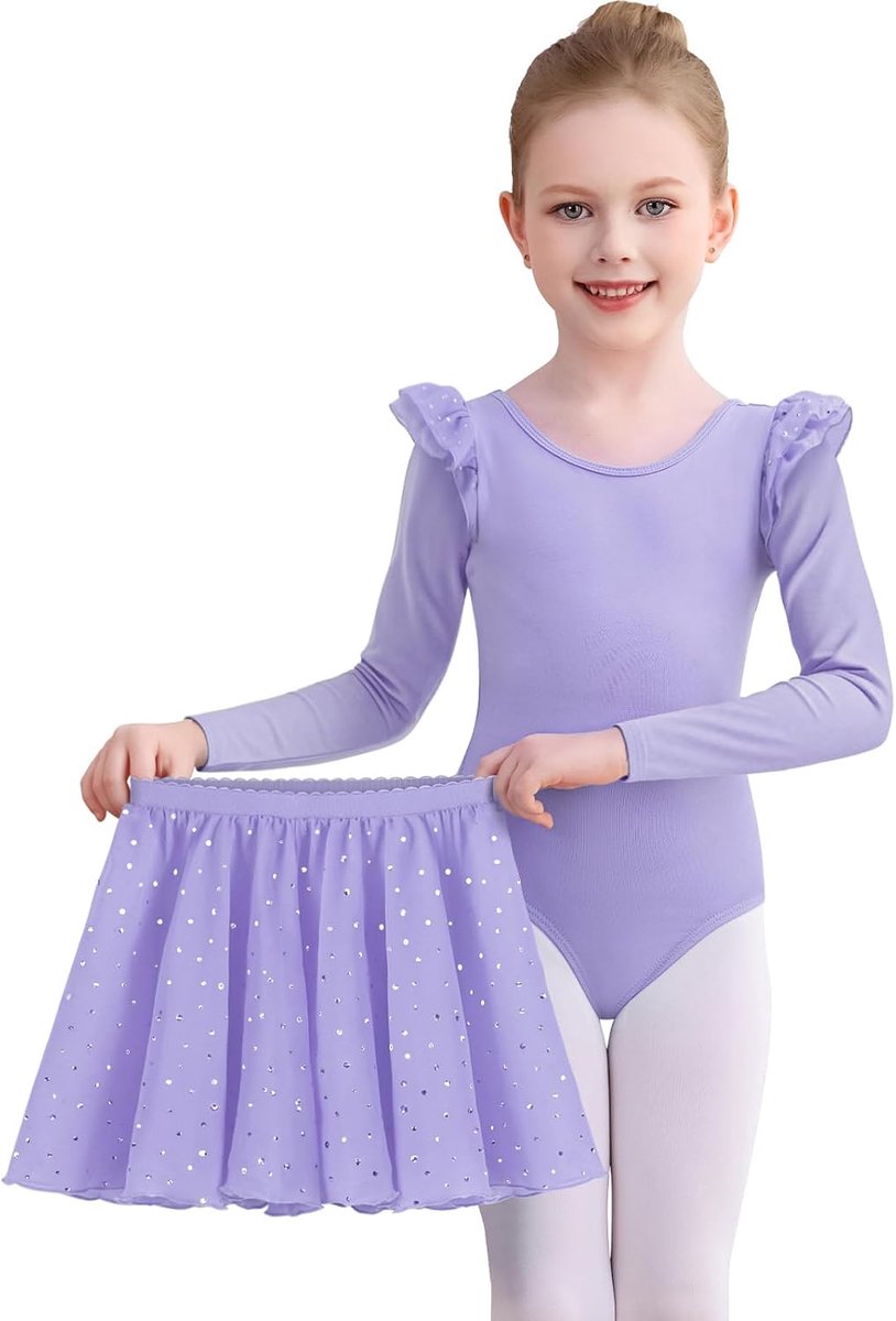 Balletjurk voor meisjes, balletjurk, lange mouwen, balletdanspakje met afneembare rok, glanzende danskostuums voor kinderen, ballerina-outfit voor 2-11 jaar