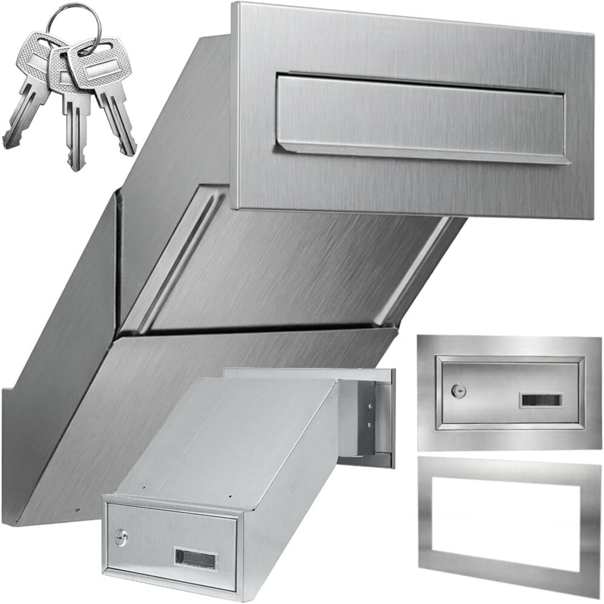 Brievenbus V2A INOX roestvrij staal met frame XXL wanddikte 260-420 mm weerbestendig frontpaneel 305 x 135 mm roestvrij voorste deel + achterdeur
