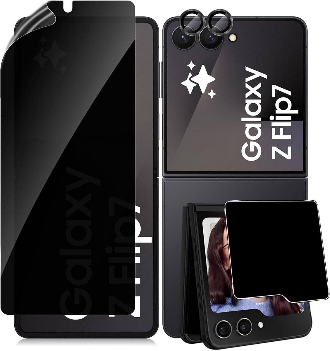 Pantserglas inkijkbescherming voor Samsung Galaxy Z Flip 7/Z Flip7, 1+1+1 stuks TPU inkijkbescherming + externe privacy beschermfolie + camerabeschermingsfolie, anti-kras HD volledige