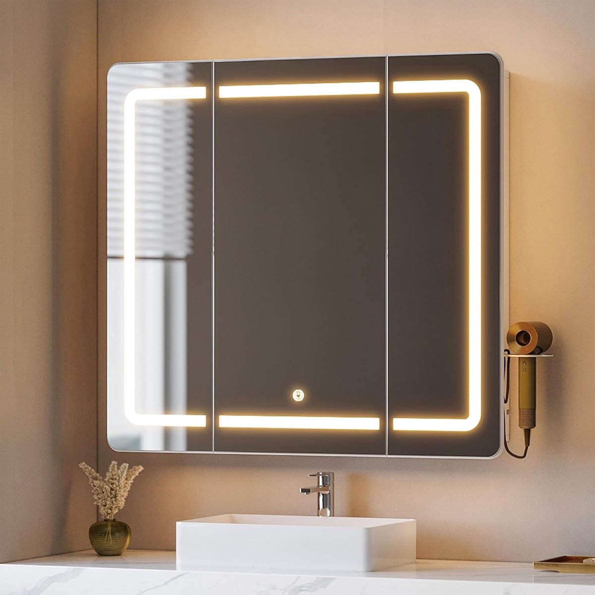 Spiegelkast voor badkamer met ledverlichting, Spiegelkast voor badkamer, 3 lichtkleuren instelbaar, HD-spiegel 16,5 x 75 x 80 cm wit MC30003XEU