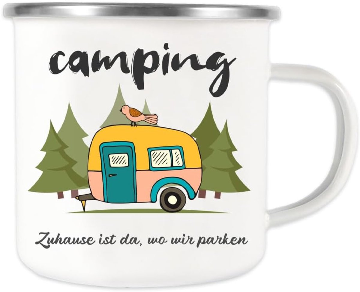 Emaille kindermok caravan geschenken, wit