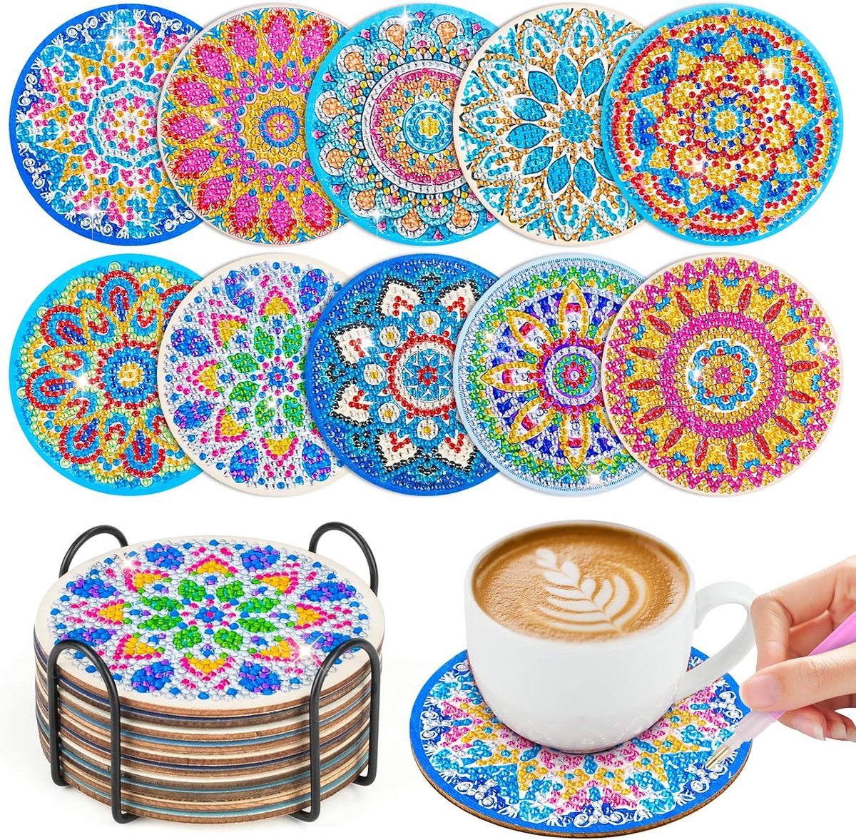 Onderzetters met houders, 10 stuks, onderzetters voor mokken, diamond painting voor volwassenen, om te knutselen, doe-het-zelf 5D mandala-onderzetters, antislip, voor beginners, volwassenen en