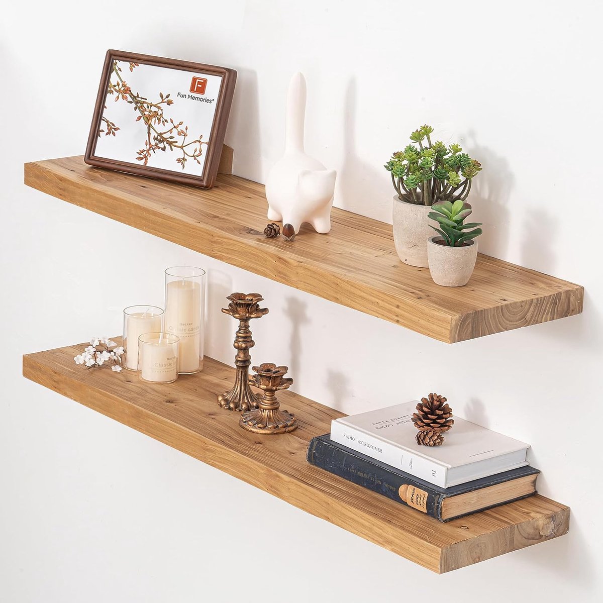 Zwevende planken voor muur, rustiek massief iepenhouten wandplanken, zware wandplanken met onzichtbare beugels, set van 2 voor woonkamer, slaapkamer, keuken, natuurlijke afwerking