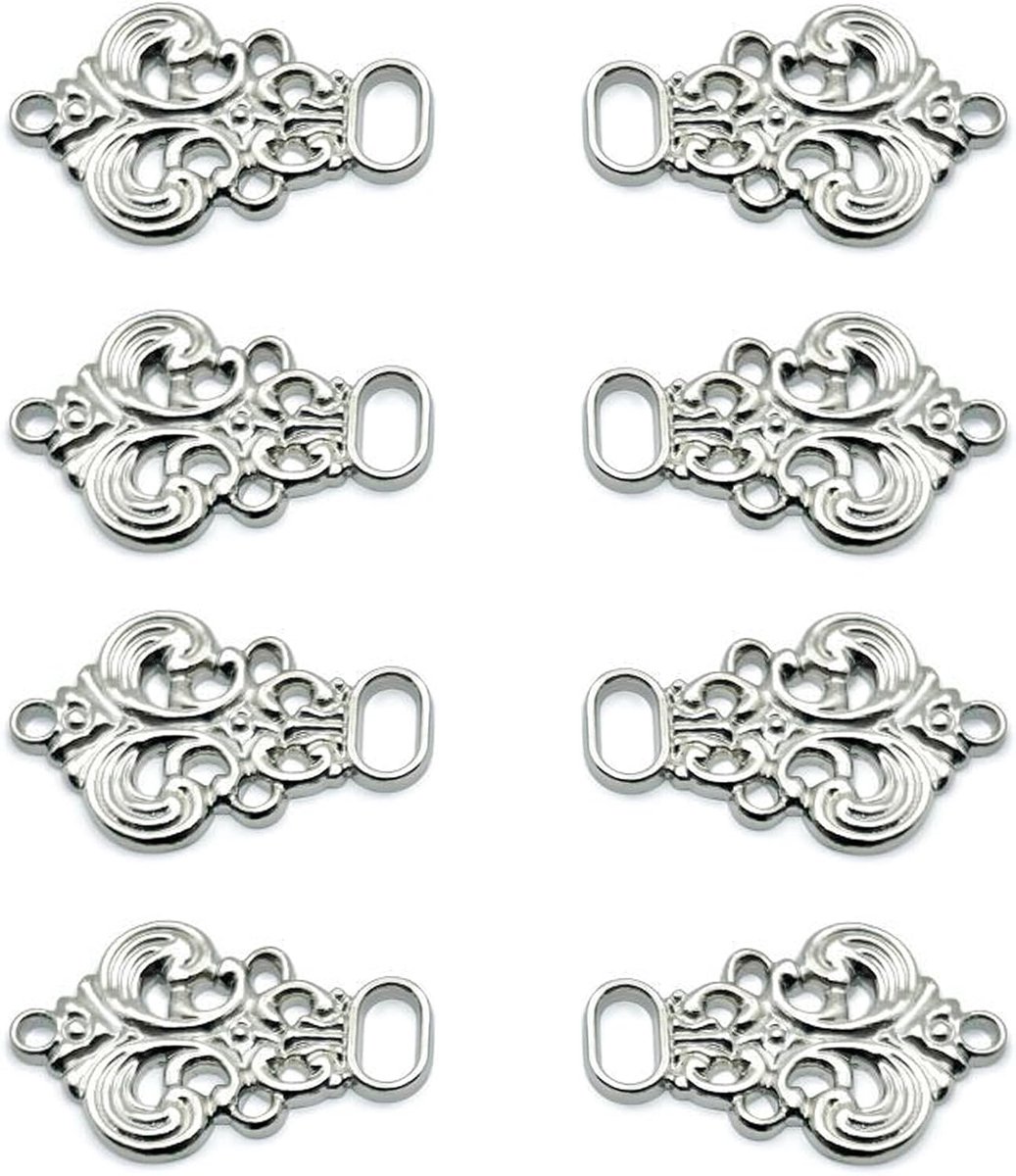 Knopen voor Dirndl, 8 stuks (4 paar), Dirndl naaiknopen metalen knoop fournituren lijfje oogjes voor dirndl, volkskostuums, lijfje, 33 x 21 mm (zilver)
