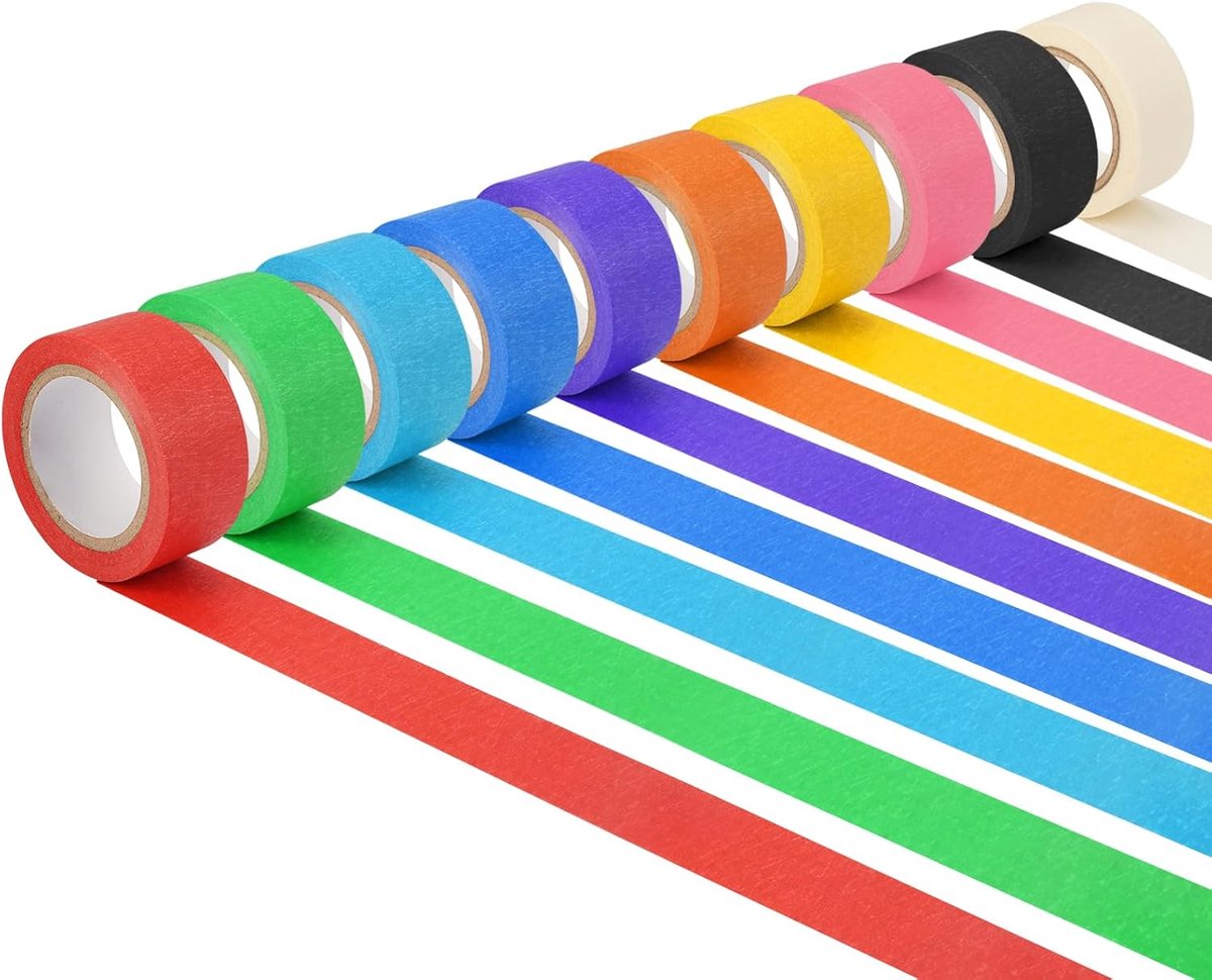10 rollen kleurrijk plakband 25 mm x 10 m, afplakband, schilders, crêpetape