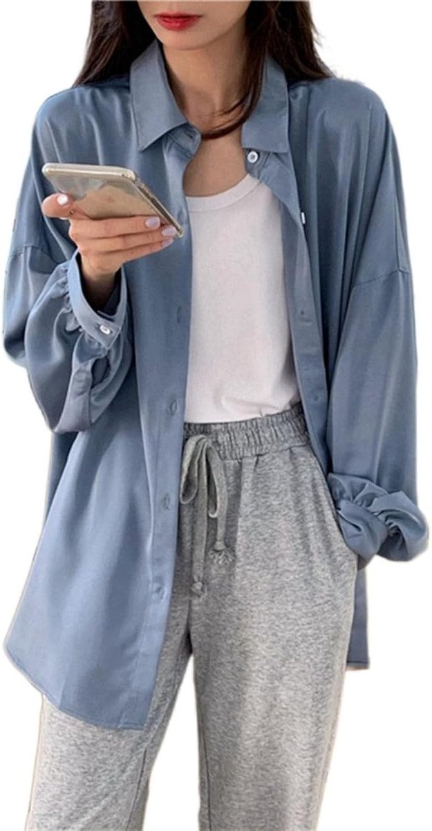 Casual Shirts - Dames Ice Silk Shirts Lente Zomer Dun Vest Met Lange Mouwen Retro Revers Ballonmouwen Tops Casual Wit Single Breasted Shirts Outdoor Streetwear Elegant Party,Blue,Xs