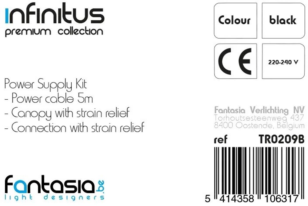 Infinitus voedingsset zwart met 5 meter kabel, vervangdriver voor LED-armaturen uit de Infinitus-collectie van Fantasia.