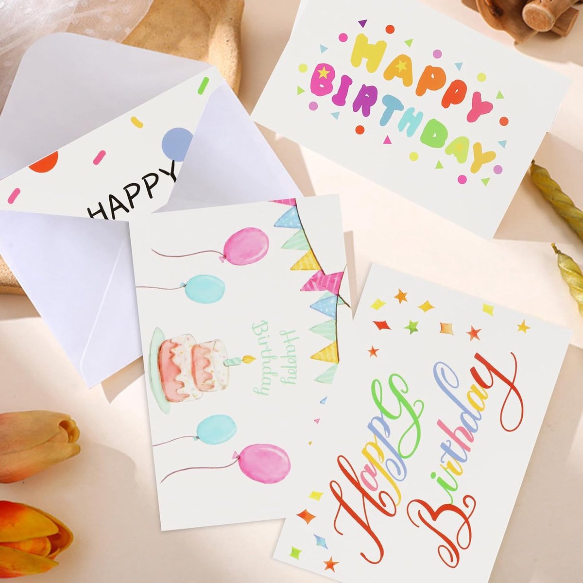Wenskaarten met bloemenmotief met enveloppen, voor afstudeerfeest, verjaardag, Vaderdag, bedankbriefje, 10 stuks (Happy Birthday)