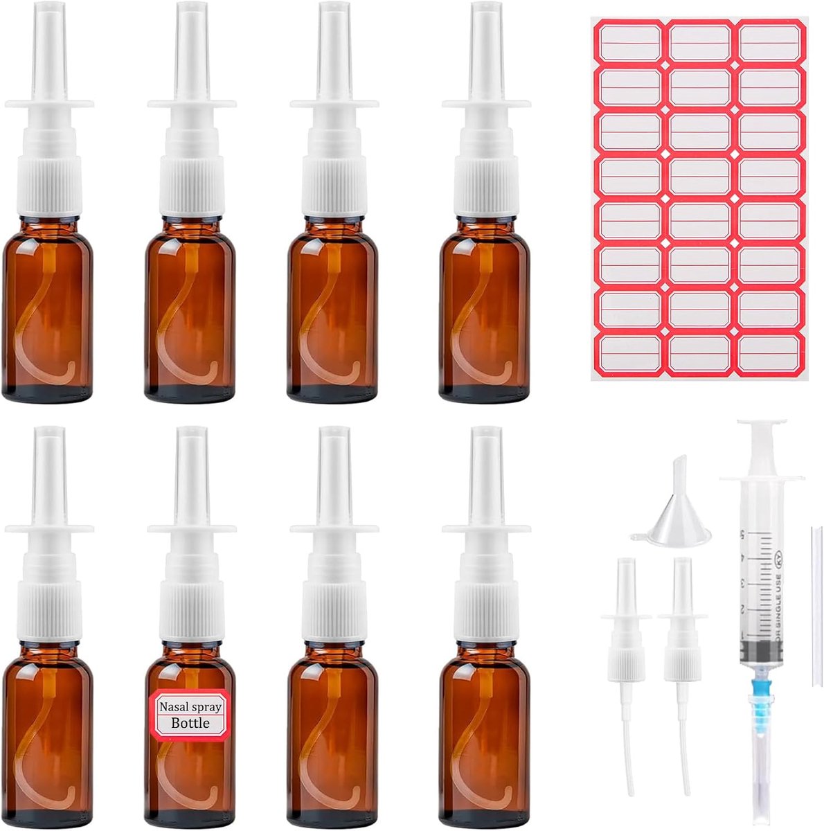 8 stuks, 20 ml, bruin, glazen neusspray, leeg, navulbaar, lege neuspuit met pipet, fijne nevel, trechter en lege etiketten voor parfums, etherische oliën