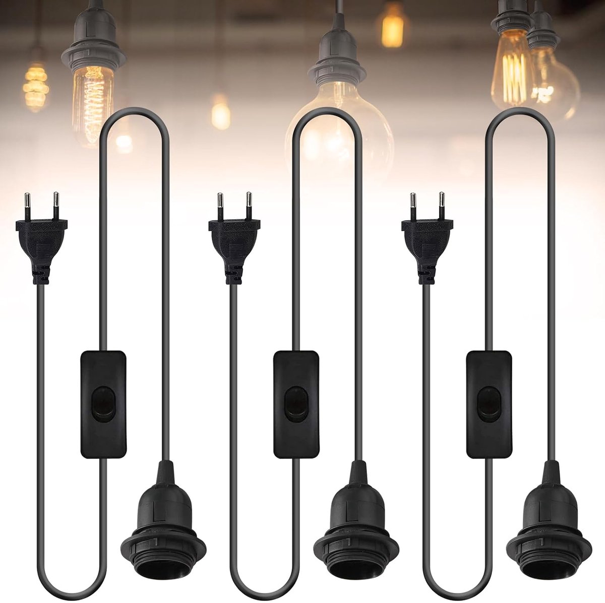 3 stuks lamphouders E27 met kabel en schakelaar, E27-fitting met 1,8 m kabel schroefring, lampvoet lampkabel met stekker voor hanglamp, lampophanging, slaapkamer, eetkamer