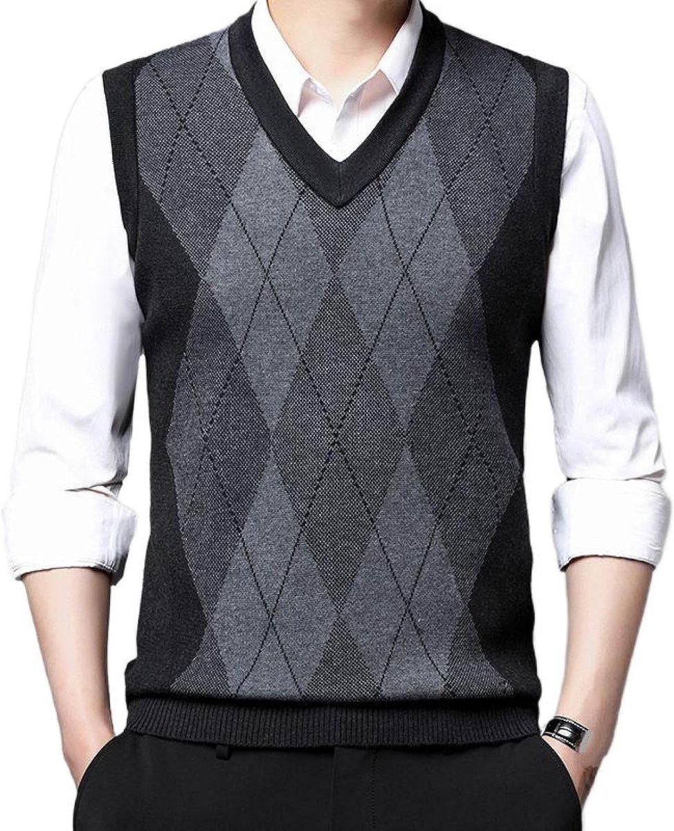 Argyle Gebreid Vest Met V-Hals, Klassiek Dikker Mouwloos Casual Pullover Trui Vest Kleurcontrast Dieptepunt Shirt, Zakelijk Heren Breigoed Gebreid Vest Trui Tanktops,Donkergrijs,S