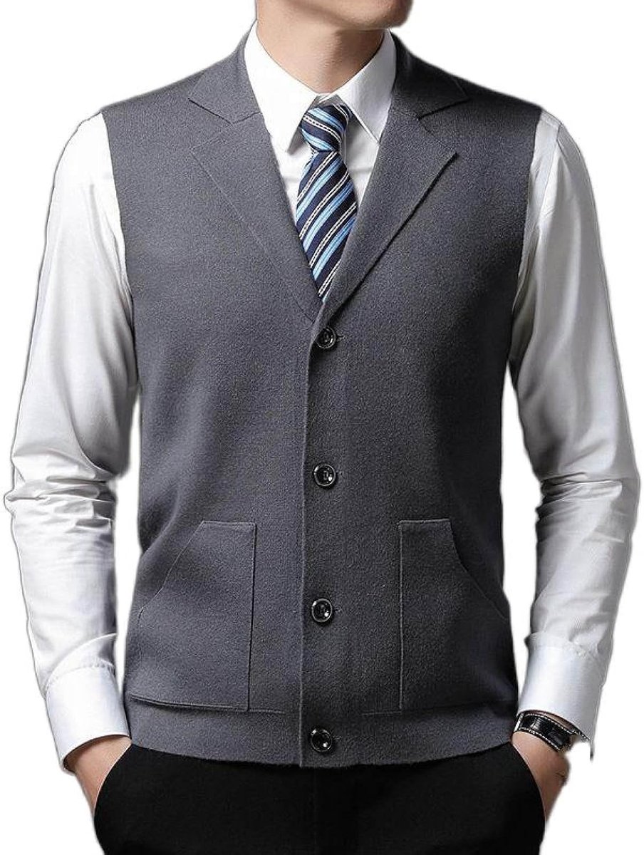 Vestvest Van Middelbare Leeftijd, Klassiek Dik Pakkraag Gebreid Vest Zijnaadzak Effen Kleur Mouwloos Vest, Zakelijk Herengebreid Vest Trui Vest Tanktops,Donker Middengrijs,S