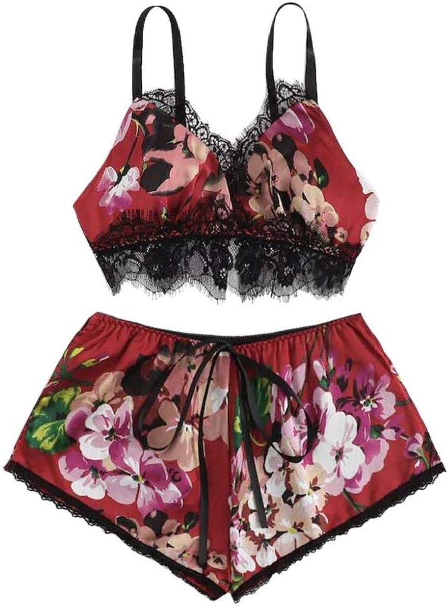 Klassiek Bh set Jarretellegordel en Kous LingerieSexy kanten satijnen rand Floral Bow Lingerie Set Pyjama Nachtkleding kanten lingerie set lungerie sexy-Red_M