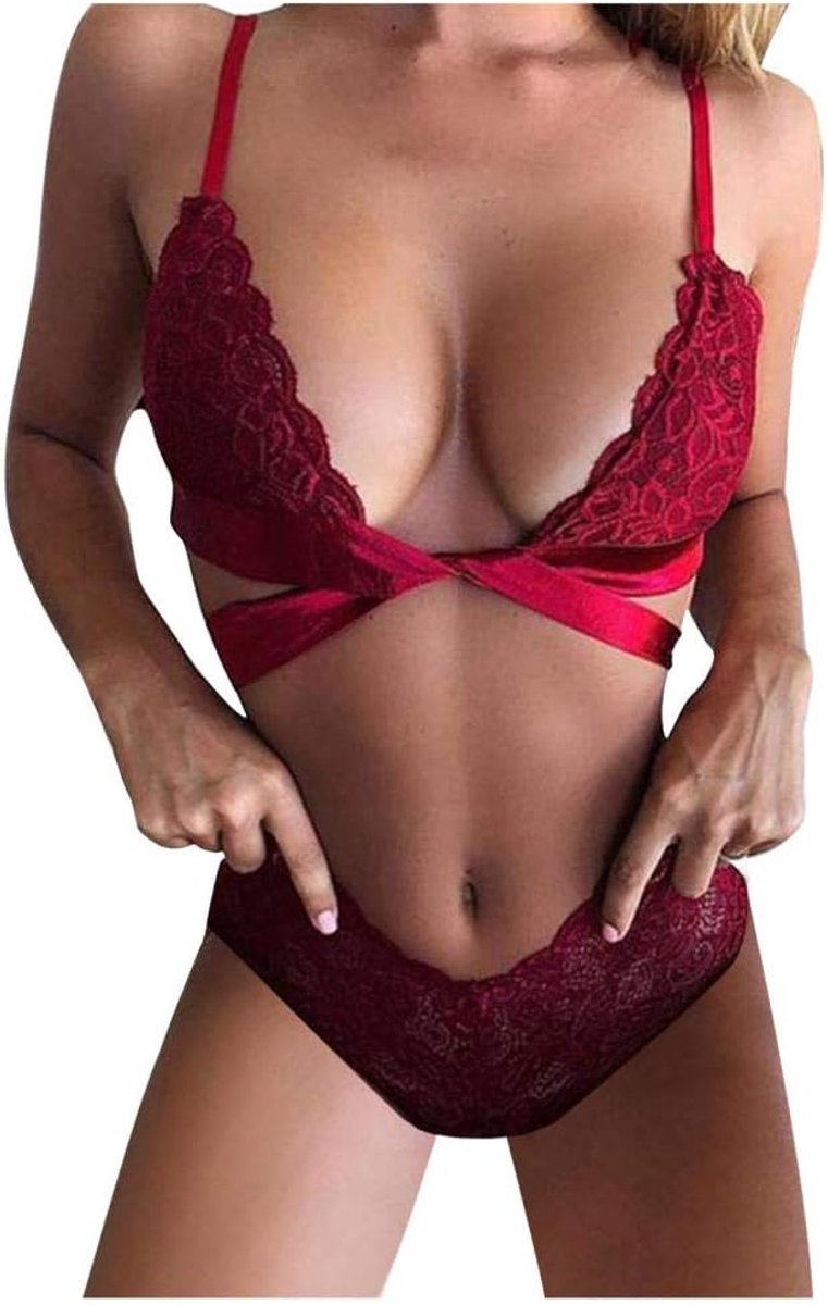 Babydolls, nachtjaponnen & negligés dames Sexy Lingerie Vrouwen Sexy Kanten Slips Ondergoed Strik Doorzichtige Erotische Kant Linger-Red_L